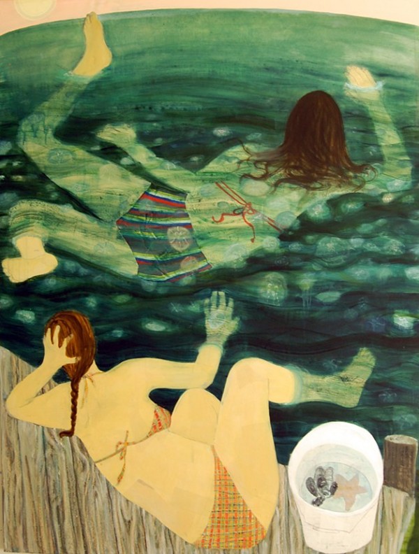 Trina and the Moon Jellies, 2012, oil and mixed paper on canvas, 76in x 50in