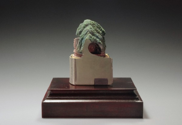 Guy Laramee, Mushroom Island, carved book, pigmented ink, gold.