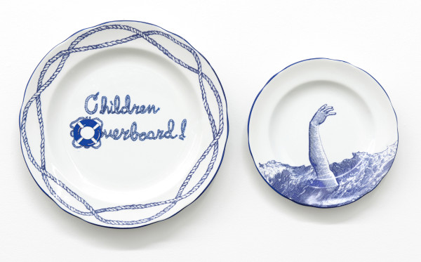 Andrew Nicholls, Australia sinks, Decal transfer on Spode bone china (diptych), 2011-12, Courtesy the artist and Turner Galleries