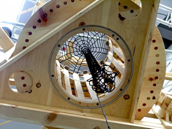 Bernie Lubell. A Theory of Entanglement (Detail of knitting after two days), 2009; pine, maple, rubber rope, black poly cord, and music wire; 32 x 40 x 60 ft. Courtesy of the Artist.