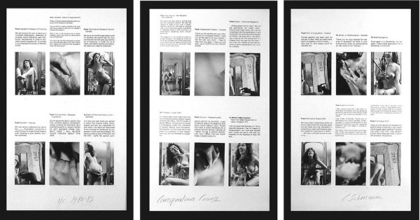 Carolee Schneemann. Correspondence Course (triptych), 1980/1983, self-shot silver prints mounted on silk-screened text; 30 x 20 inches. Courtesy of the Artist and PPOW Gallery, New York. © Carolee Schneemann.