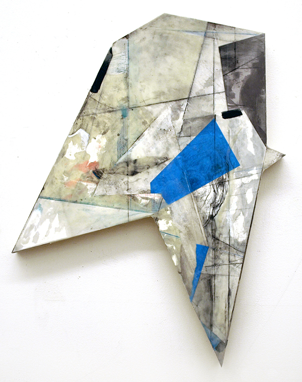 Lisa Wicka. Construct IX, 2013; charcoal, encaustic wax, Prismacolor, tape, acrylic, ink and collaged paper on laser cut panel; 20 x 28 inches. Courtesy of the artist.