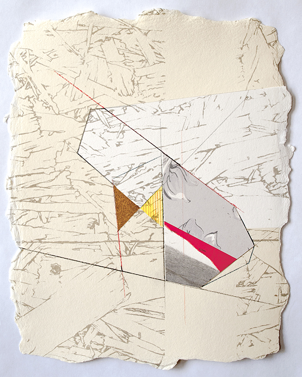 Lisa Wicka. Merge II, 2014; silkscreen, relief, acrylic, gouache, Prismacolor, copper leafing and collaged paper; 10 x 12 inches. Courtesy of the artist.