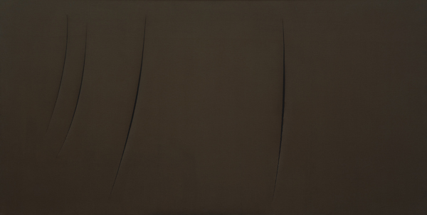 Lucio Fontana. Concetto Spaziale, Attese, 1959; synthetic paint on canvas, olive green; 125 x 250.8 cm. Courtesy of David Heald © The Solomon R. Guggenheim Foundation, New York.