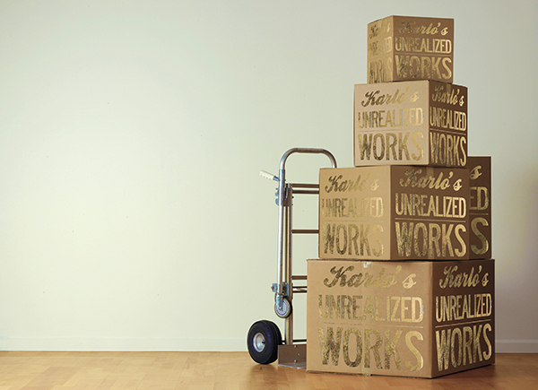 Carlo Speranza. Karlo's Unrealized Works, 2014; 24k gold-leaf on cardboard boxes; dimensions variable. Courtesy of the Artist.