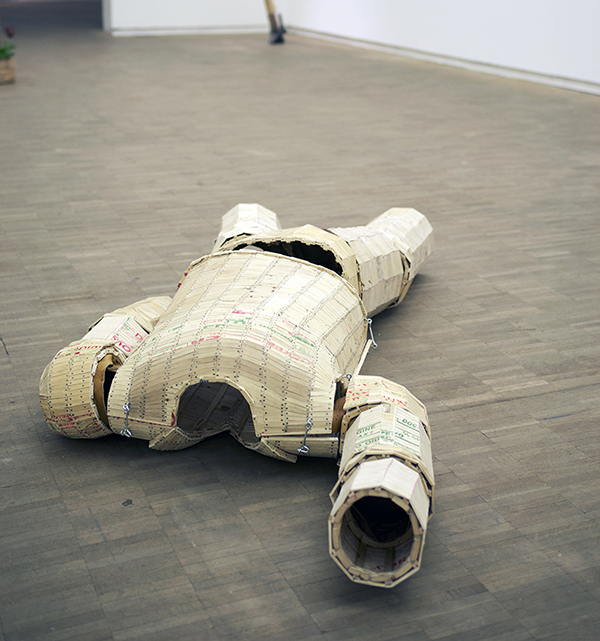 Carlo Speranza. Holzpijama (Wooden Pajama), 2011; wood, leather, nails, glue; 175 x 85 x 41 centimeters. Courtesy of Südtiroler Künstlerbund and Sissa Micheli.