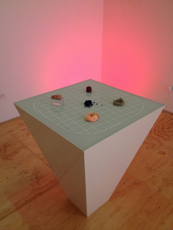 Antoine Catala. Emobot (teacher), 2014; Powder coated aluminum and steel, computer, sound system, TV; Video, color sound, 13:00; Edition of 3, 71x21x18in.