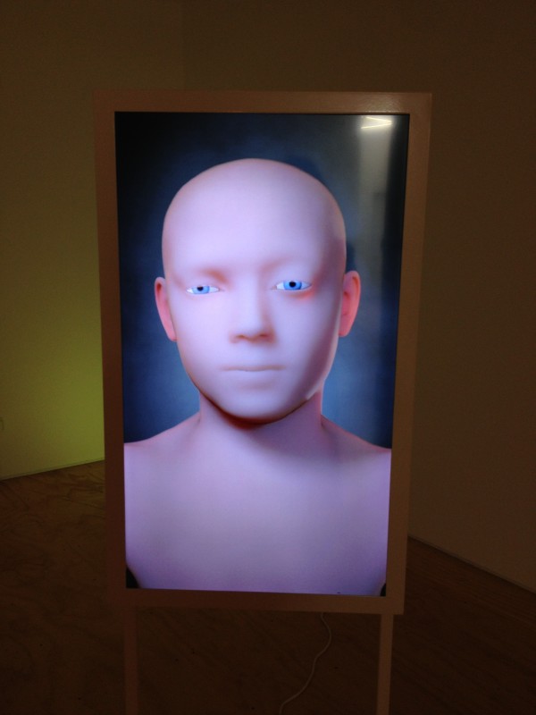 Antoine Catala. Emobot (teacher), 2014; Powder coated aluminum and steel, computer, sound system, TV; Video, color sound, 13:00; Edition of 3, 71 x 21 x 18in.