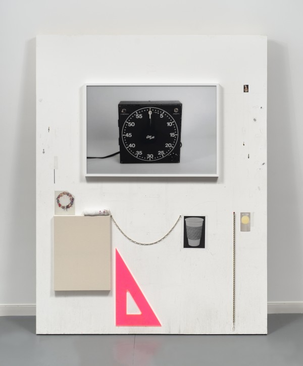 Amanda Ross-Ho. Untitled Wall Arrangement (TIMER), 2012; sheetrock, wood, latex paint, acrylic paint, graphite, framed lightjet print, single earring, found images, blank canvas, thesis rag, aluminum thumbtacks, vintage goldtone chain, yellow plastic thumbtacks, CNC acrylic triangle, laser print, red plastic thumbtack, vintage goldtone chain, single earring, Keinholz thumbprint test, aluminum thumbtack; 96 x 74 x 4 inches. Courtesy of the artist and Mitchell-Innes & Nash. Photo: New York Photo.