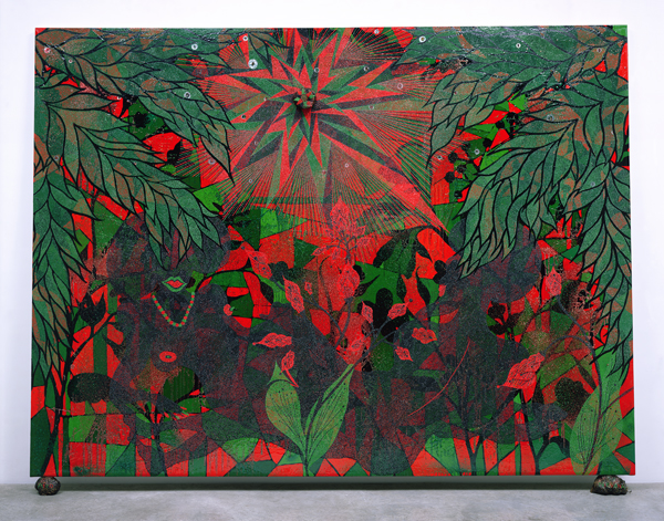 Chris Ofili. Afronirvana, 2002; oil, acrylic, polyester resin, aluminum foil, glitter, map pins, and elephant dung on canvas; 108 x 144 in. Courtesy of the Artist; David Zwirner, New York/London; and Victoria Miro, London.