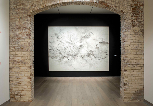 Julie Mehretu, Fragment, 2009; installation view, The Divine Comedy: Heaven, Purgatory, and Hell Revisited by Contemporary African Artists, 2014. Courtesy of SCAD Museum of Art, photo by Marc Newton.