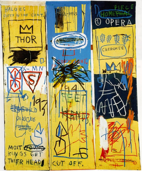 Jean-Michel Basquiat. Charles the First, 1982; acrylic and oil paintstick on canvas; three panels, 78 x 65 in. Courtesy of the Estate of Jean-Michel Basquiat, New York © The Estate of Jean-Michel Basquiat.