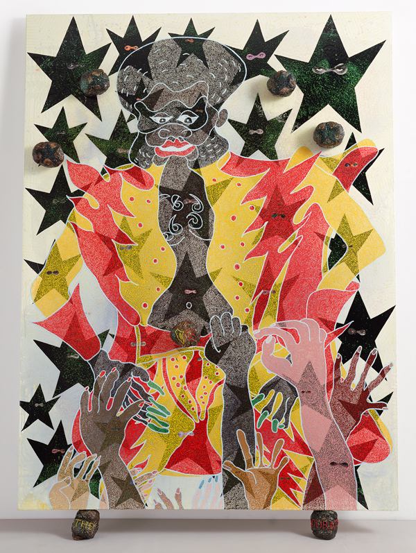 Chris Ofili. The Adoration of Captain Shit and the Legend of the Black Stars (Third Version), 1998; oil, acrylic, polyester resin, paper collage, glitter, map pins, and elephant dung on linen; 96 x 72 in. Courtesy of the Artist; David Zwirner, New York/London; and Victoria Miro, London.