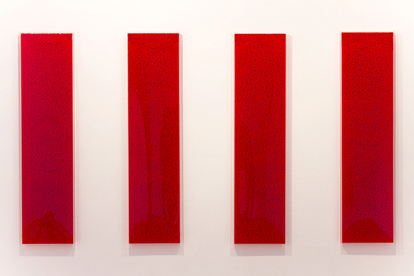 Ben Bigelow. The Four Freedoms, 2014; maraschino cherries and juices encased in Plexiglas; 48 x 12 x 1 inches (each). Courtesy of the artist.