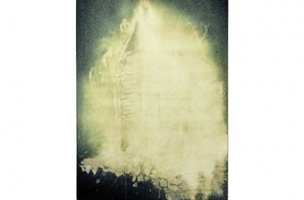 William Binnie. Untitled (Church), 2014. Bleach on denim. 24 x 18 inches. Courtesy of Paul Loya Gallery. 