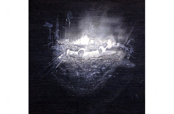 William Binnie. Untitled (Pakistan), 2014. Bleach on denim. 54 x 54 inches. Courtesy of Paul Loya Gallery.