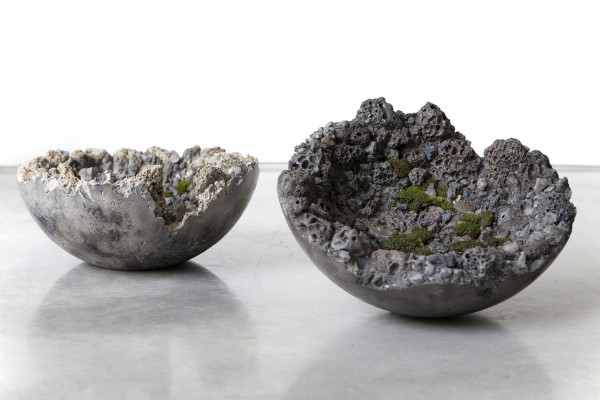 Jamie North Slag bowl I & II 2013 concrete, coal ash, steel slag, Australian native plants and moss 15 x 37 x 37cm each Courtesy the artist and Sarah Cottier Gallery, Sydney 