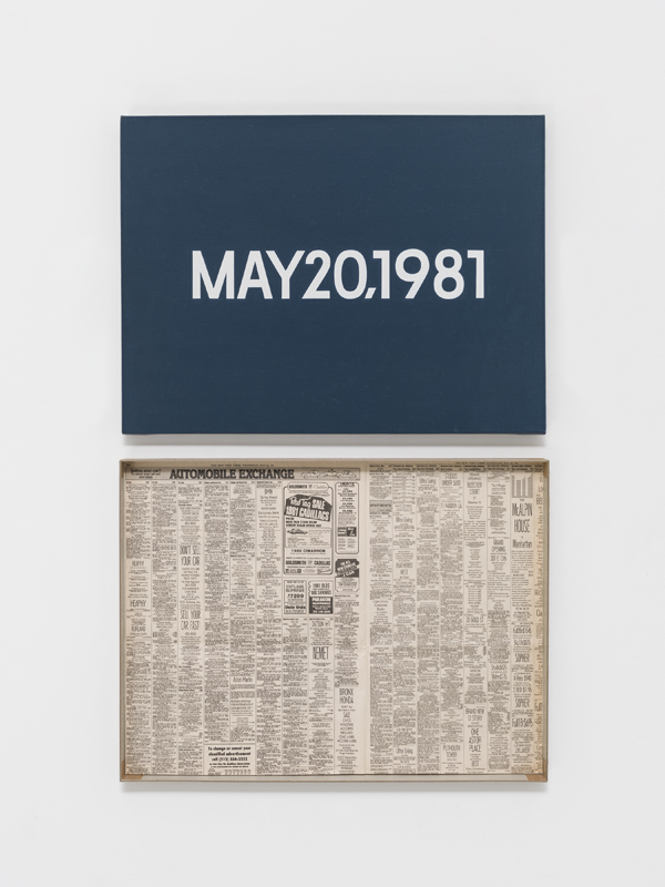 On Kawara. MAY 20, 1981 (Wednesday, New York), 1981, from Today series, 1966–2013; acrylic on canvas; 8 x 10 in; shown with artist-made cardboard storage box, 10-1/2 x 10-3/4 x 2 in. Photo courtesy of David Zwirner, New York/London and the Solomon R. Guggenheim Foundation.