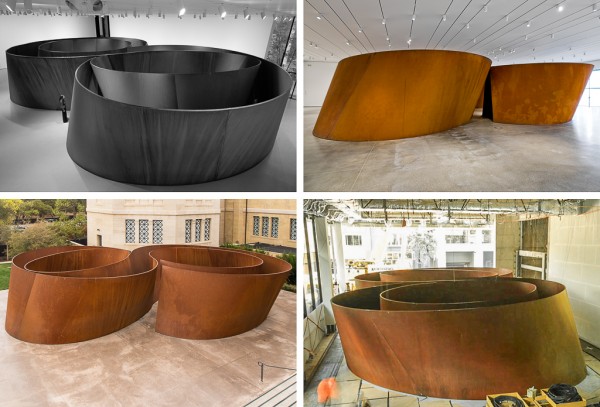 Richard Serra. Sequence, 2006; weatherproof steel; 153 x 488 x 782 3/17 in. overall and 2 in. thick; installation views at New York MoMA (top left) Photo: Lorenz Kienzle, collection of the artist, © 2007 Richard Serra / Artists Rights Society (ARS), New York, LACMA (top right) Courtesy of the Artist, the Cantor Arts Center (bottom left) Photo: Saul Rosenfield, © 2014–15, with permission of Cantor Arts Center at Stanford University, and SFMOMA’s 85-foot wide by 55-foot long Howard Street gallery (bottom right) Photo: Henrik Kem © 2015.