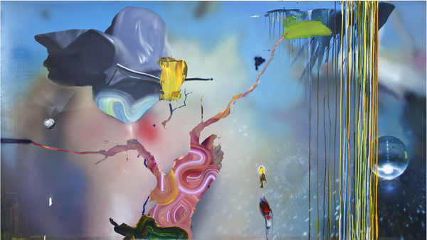 Tom LaDuke. Polyrhythmic Looping, 2014; acrylic and glitter on canvas over panel; 53 x 95 x 2 in. Courtesy the artist and Kohn Gallery, Los Angeles.