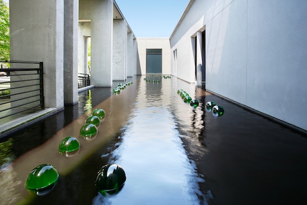 Leo Saul Berk. Specular Reflections, 2015; 45 glass spheres, black pond dye; 12 x 900 x 180 in., 60 x 60 in. Courtesy of the Artist. Photo: Mark Woods.