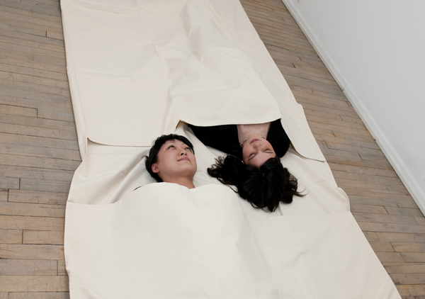 Franz Erhard Walther. Kopf zu Kopf ueber Kopf (Nr. 24, 1.Werksatz), 1967; sewn canvas; 166 1/8 x 58 1/2 inches; activation in Franz Erhard Walther, Peter Freeman, Inc., New York, March 11-May 1, 2010. Courtesy of Peter Freeman, Inc. Photo: James Dee