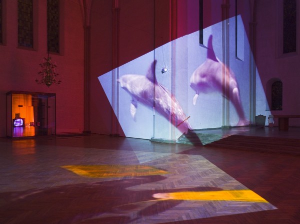 Diana Thater. Delphine, 1999. Four video projectors, five players, nine-monitor video wall, and Lee filters; dimensions variable. Installation view at Kulturkirche St. Stephani, Bremen, Germany, 2009. ©Diana Thater, photo ©Roman Mensing/artdoc.de