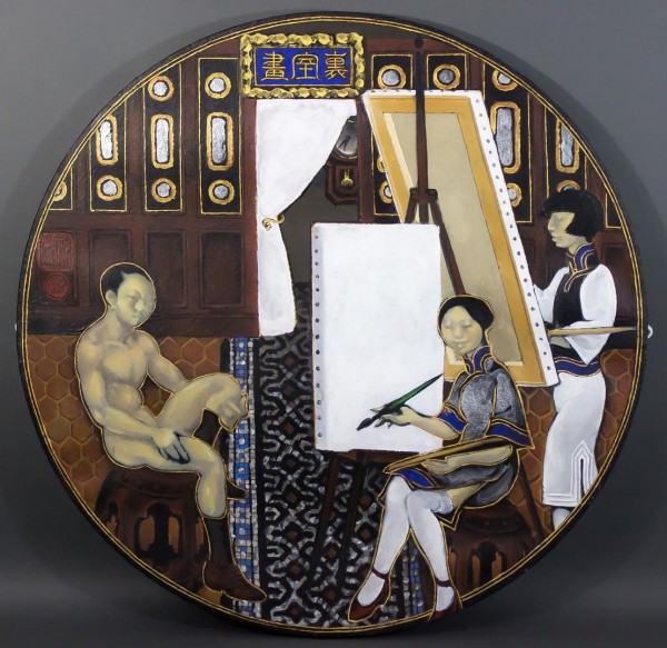 Martin Wong. In the Studio, 1992. Acrylic on linen. 30 inch diameter. Collection Bronx Museum of the Arts, Purchase, Asian American Art Fund 1998.1.4