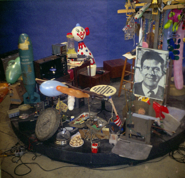 Charlotte Moorman’s setup for John Cage’s 26' 1.1499" for a String Player at WNET studios, 1974. Courtesy of Charlotte Moorman Archive, Northwestern University Library.