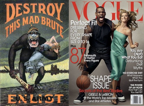 Left: WWI propoganda poster. Right: LeBron James and Gisele Bundchen on the April 2008 cover of Vogue Magazine.