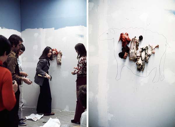 Suzanne Lacy, Maps, 1973. Happening at CalArts, Valencia, CA. Pictured, Left: Bia Lowe, Stanley Fried, Susan Mogul, Vanalyne Green and an unidentified student; Right, Detail of Maps. Photos: Suzanne Lacy. Courtesy of the Artist.