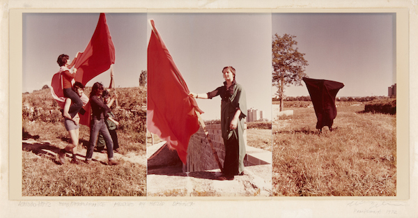 Hélio Oiticica and Leandro Katz. Parangolé-Encuentros de Pamplona (Encounters in Pamplona), 1972; C-print on paper and cardboard; 9.2 x 19.29 in. Courtesy Museo Nacional Centro de Arte Reina Sofia, Madrid.